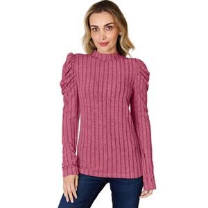 Basic Bae Pink Ribbed Mock Turtleneck Puff Sleeve Stretchy Top NEW Misses